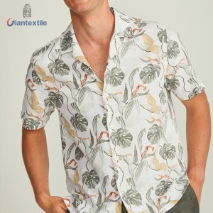 Giantextile New Promotion Men’s Shirt Linen Viscose Short Sleeve Floral Hawaii Collar Casual Shirt For Holiday GTCW108229G1