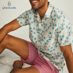 Giantextile Hawaii Style Men’s Shirt Cotton Linen Print Good Hand Feel Green Short Sleeve Casual Shirt For Men GTCW108231G1