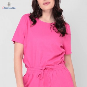 Good Selling Women’s Top Linen Viscose Pink Solid Fitted Short Sleeve Trendy Casual Shirt For Women GTCW108268G2