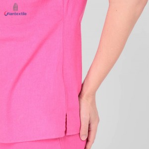 Good Selling Women’s Top Linen Viscose Pink Solid Fitted Short Sleeve Trendy Casual Shirt For Women GTCW108268G2