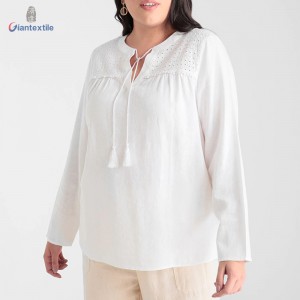 Make to Measure Women’s Top Linen Viscose Naturally Breathable White Embroidery Casual Shirt For Women GTCW108271G1