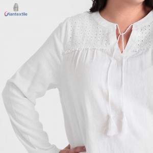 Make to Measure Women’s Top Linen Viscose Naturally Breathable White Embroidery Casual Shirt For Women GTCW108271G1