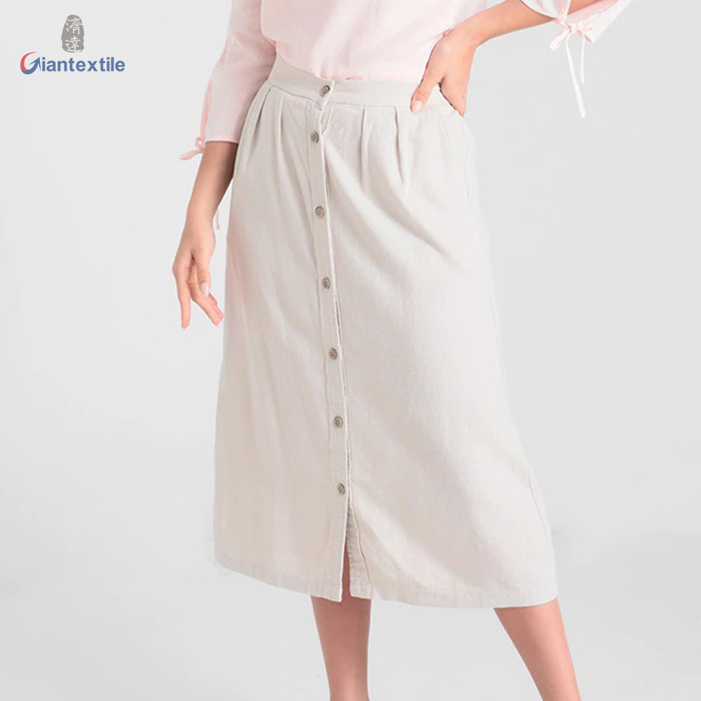 OEM / ODM Ladies Short Skirt Khaki Solid Linen Viscose Smart Casual Chic Dress for Women  GTCW108277G1 Featured Image