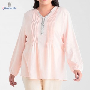 Direct Sale Women’s Top Linen Viscose Sequin decoration Pink Frill Casual Top For Women GTCW108281G1