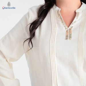 Direct Sale Women’s Top Linen Viscose Sequin decoration Modern Design White Frill Casual Top For Women GTCW108281G3