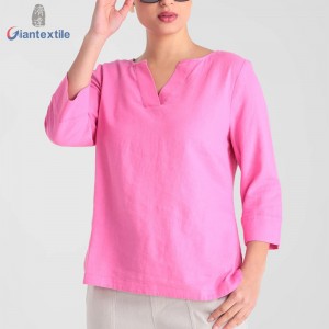 Theme Women’s Top Pink Solid Good Hand Feel Fitted Long Sleeve V-Neck Women Wear GTCW108273G3