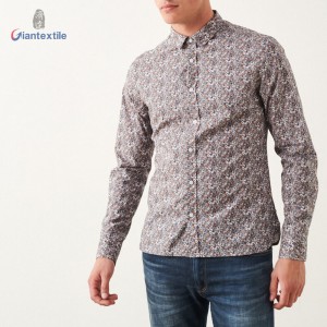 Giantextile Quality Assurance Men’s Shirt Small Floral 100% Cotton Brown Long Sleeve Casual Shirt For Men GTCW108366G1