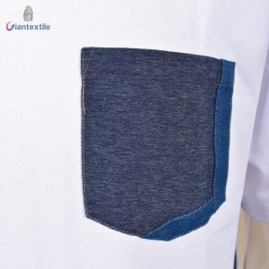 Giantextile Men’s T-shirt Summer Wear White Solid Splicing Denim Pocket Fashion 100% Cotton Short Sleeve Shirt For Men GTCW108385G3