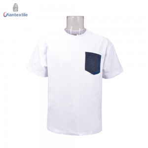 Giantextile Men’s T-shirt Summer Wear White Solid Splicing Denim Pocket Fashion 100% Cotton Short Sleeve Shirt For Men GTCW108385G3