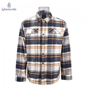 Giantextile Winter Wear Warm Flannel Overshirts White And Blue Check Long Sleeve High Quality Shirt For Men GTCW108398G1