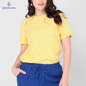 Sample Available Women’s Top Bright-colored Linen Viscose Yellow Floral Short Sleeve T-shirt For Women GTCW108402G1