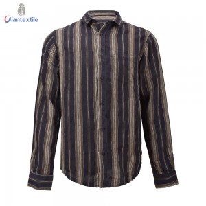 Men’s Shirt 100% Linen Black And Brown Stripe Long Sleeve Classical Shirt For Men GTCW108438G1