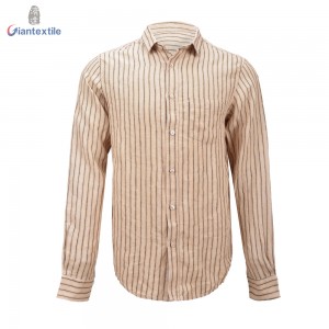 Giantextile Custom Made Men’s Shirt 100% Linen Yellow Stripe Hot Sale Long Sleeve Yarn Dyed Shirt For Men GTCW108439G1
