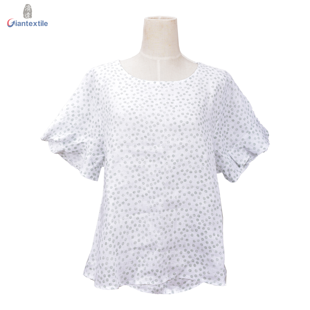 Nice Look OEM Supplier 100% Linen Small Floral Short-Sleeve Good Hand Feel Top For Women GTCW108086G1 Featured Image
