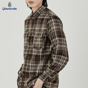 Giantextile Winter Wear Men’s Flannel Overshirts Brown Check Long Sleeve Good Look Shirt For Men  GTCW108650G1