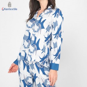 New Design Women’s Pajamas Good Look Polyester Spandex Blue Floral Pattern Sets With V-neck Collar GTCW200106G1