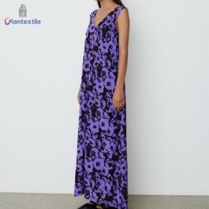 Giantextile New Design Fashion Purple Floral 100% Silk Daily Good Hand Feel Casual Women Dress GTCW200173G1