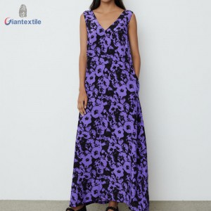 Giantextile New Design Fashion Purple Floral 100% Silk Daily Good Hand Feel Casual Women Dress GTCW200173G1