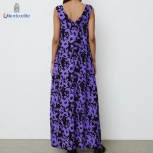 Giantextile New Design Fashion Purple Floral 100% Silk Daily Good Hand Feel Casual Women Dress GTCW200173G1