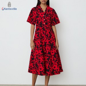 Giantextile Summer Wear Fashion Red Floral 100% Cotton Daily Good Look Casual Women Dress For Holiday GTCW200176G1