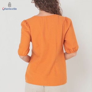 Giantextile New Style Women’s Wear Orange Solid Seerrsucker 65% Polyester 35% Cotton Casual Women’s Top GTCW200449G1