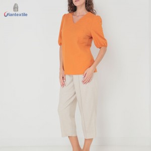 Giantextile New Style Women’s Wear Orange Solid Seerrsucker 65% Polyester 35% Cotton Casual Women’s Top GTCW200449G1