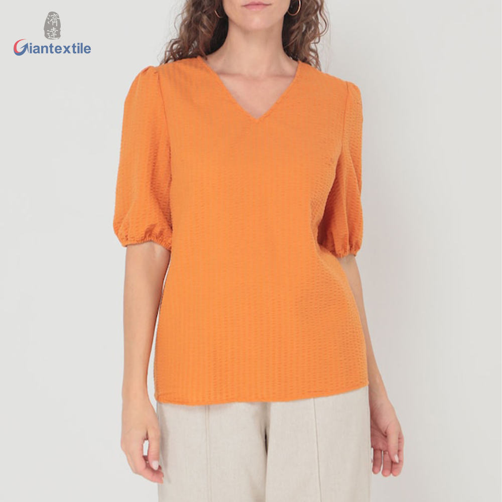 Giantextile New Style Women’s Wear Orange Solid Seerrsucker 65% Polyester 35% Cotton Casual Women’s Top GTCW200449G1 Featured Image