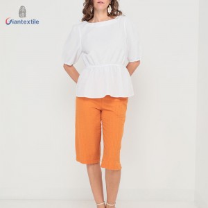 Giantextile Hot Sale Women’s Wear Polyester Cotton White Solid Fashion Seersucker Casual Women’s Fashion Tops GTCW200451G1