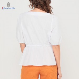 Giantextile Hot Sale Women’s Wear Polyester Cotton White Solid Fashion Seersucker Casual Women’s Fashion Tops GTCW200451G1