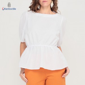 Giantextile Hot Sale Women’s Wear Polyester Cotton White Solid Fashion Seersucker Casual Women’s Fashion Tops GTCW200451G1