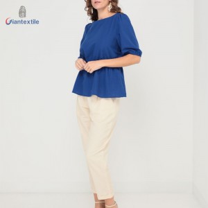 Giantextile New Design Women’s Wear Polyester Cotton Navy Solid Fashion Seersucker Casual Women’s Fashion Tops GTCW200452G2