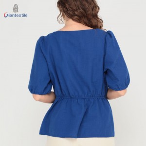 Giantextile New Design Women’s Wear Polyester Cotton Navy Solid Fashion Seersucker Casual Women’s Fashion Tops GTCW200452G2