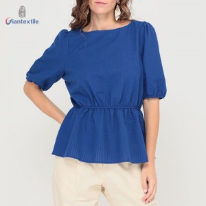 Giantextile New Design Women’s Wear Polyester Cotton Navy Solid Fashion Seersucker Casual Women’s Fashion Tops GTCW200452G2