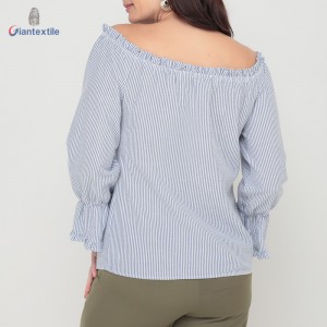 Giantextile High Quality Women’s Wear Summer Sexy Blue Solid Seersucker Casual Women’s Fashion Tops  GTCW200452G1