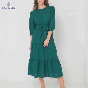 Giantextile Nice Look Women’s Dress Polyester Cotton Green Solid Big Pleat Women Long Dress For Daily Wear GTCW200453G1