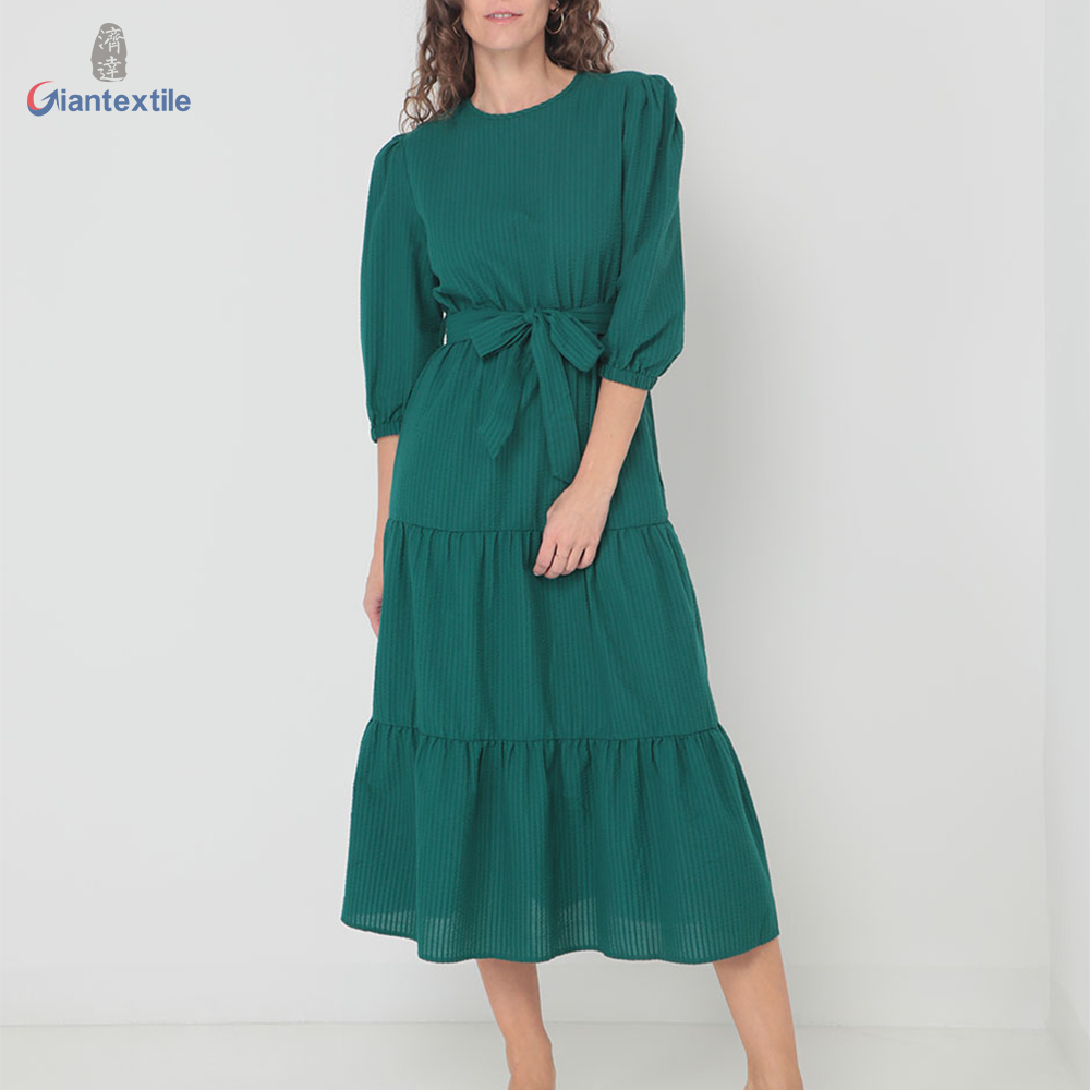 Giantextile Nice Look Women’s Dress Polyester Cotton Green Solid Big Pleat Women Long Dress For Daily Wear GTCW200453G1 Featured Image