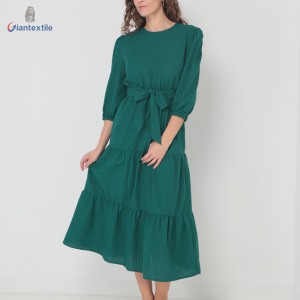 Giantextile Nice Look Women’s Dress Polyester Cotton Green Solid Big Pleat Women Long Dress For Daily Wear GTCW200453G1