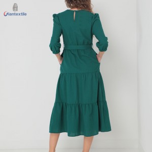 Giantextile Nice Look Women’s Dress Polyester Cotton Green Solid Big Pleat Women Long Dress For Daily Wear GTCW200453G1