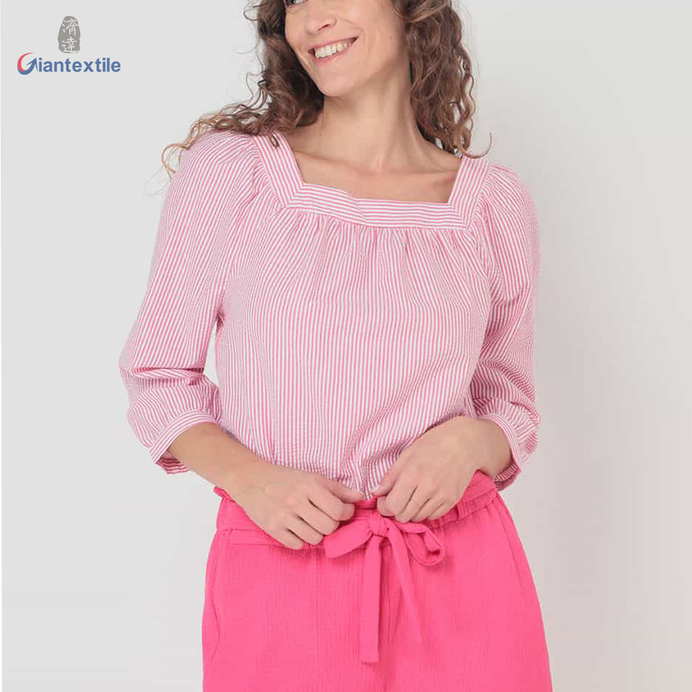 Giantextile New Arrival Women’s Shirt Polyester Cotton Pink And White Stripe Seersucker Casual Women’s Fashion Tops GTCW200461G1 Featured Image