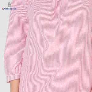 Giantextile New Arrival Women’s Shirt Polyester Cotton Pink And White Stripe Seersucker Casual Women’s Fashion Tops GTCW200461G1