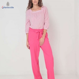 Giantextile New Arrival Women’s Shirt Polyester Cotton Pink And White Stripe Seersucker Casual Women’s Fashion Tops GTCW200461G1
