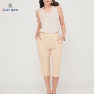 Giantextile Best Quality Fashion Ladies Khaki Solid Long Pants Cotton Polyester Good Hand Feel Seersucker Pants for Women GTCW200463G1