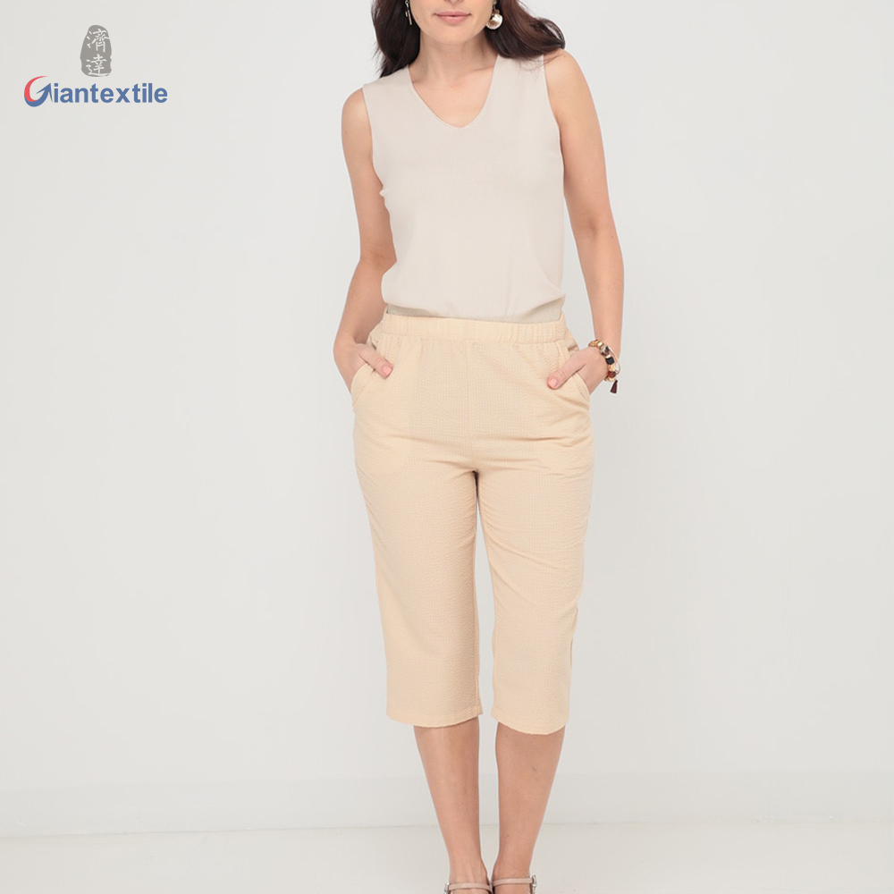Giantextile Best Quality Fashion Ladies Khaki Solid Long Pants Cotton Polyester Good Hand Feel Seersucker Pants for Women GTCW200463G1 Featured Image
