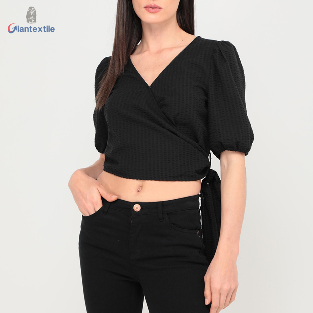 Giantextile Fashion Design Women’s Wear Polyester Cotton Black Solid Midriff-baring Seersucker Casual Women’s Tops GTCW200468G1 Featured Image