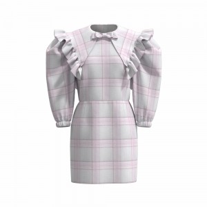 Modern Design Cotton Chic Crepe Elegant Casual Pink Check Yarn Dyed Long Dress For Women With Bowknot GTCW202107294G2