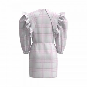 Modern Design Cotton Chic Crepe Elegant Casual Pink Check Yarn Dyed Long Dress For Women With Bowknot GTCW202107294G2