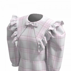 Modern Design Cotton Chic Crepe Elegant Casual Pink Check Yarn Dyed Long Dress For Women With Bowknot GTCW202107294G2