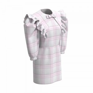 Modern Design Cotton Chic Crepe Elegant Casual Pink Check Yarn Dyed Long Dress For Women With Bowknot GTCW202107294G2