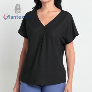 Giantextile New Fashion Women’s Solid Top Trendy Stylish Short Sleeved 66%VISCOSE 28%LINEN 6%COTTON Casual Blouses Shirts GTCW202388G1