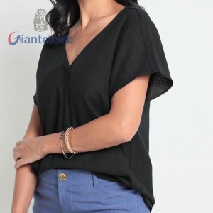 Giantextile New Fashion Women’s Solid Top Trendy Stylish Short Sleeved 66%VISCOSE 28%LINEN 6%COTTON Casual Blouses Shirts GTCW202388G1